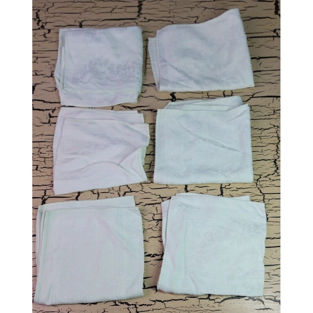 6 VTG Linen Napkin Set Damask Floral Light Green Blue Shabby Chic Retro Summer